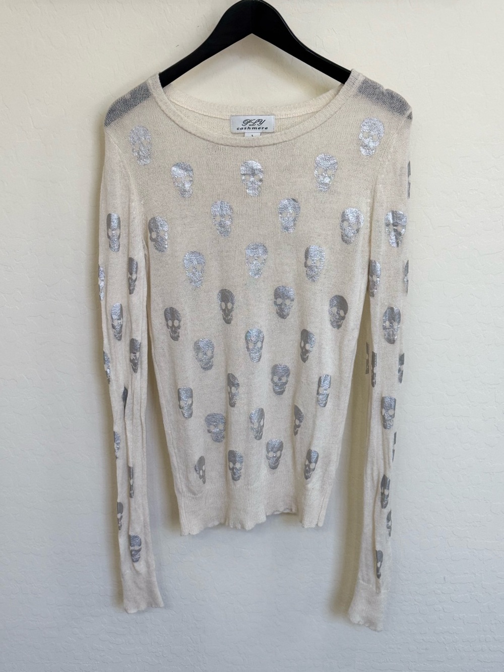 PLY Cashmere Silver Foil Skull Print Knit Sweater Cream Ivory Large Halloween